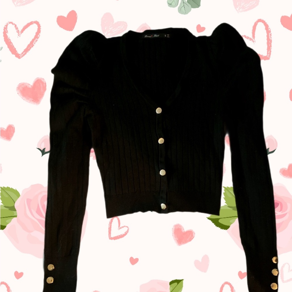 Black Ribbed Cardigan with Gold Buttons - Picture 2 of 3